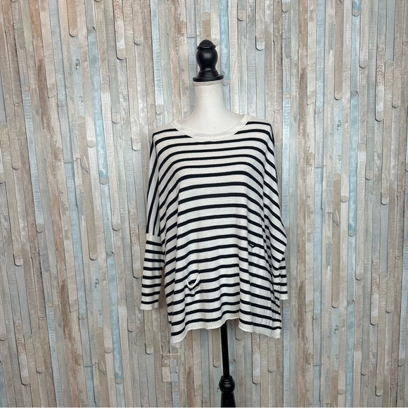 Mersea OS Navy Stripe Knit Catalina Sweater Pullover Oversize Poncho Top Coastal - Picture 2 of 12